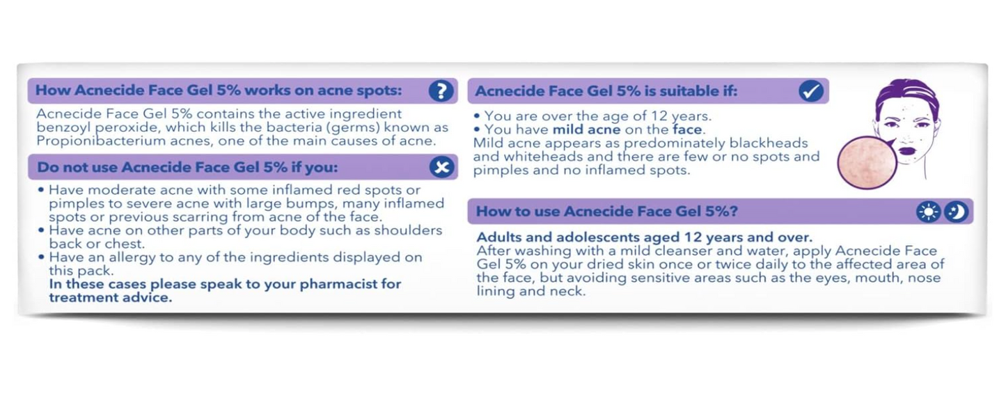 Acnecide Face 5% w/w Gel | Benzoyl Peroxide Acne Treatment for Spot Prone Skin | 15g